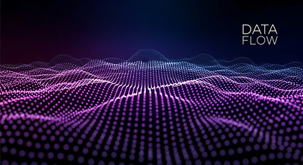 Digital data flow concept with glowing purple particle waves on a dark background. Futuristic technology vector illustration.