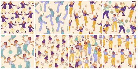 
Set of 8 Christmas patterns in boho style. Dancing people. Family celebration with dance and fun. Holiday illustrations wallpaper with a group of men and women in different poses for winter prints
