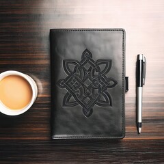 Dark leather journal with celtic knot design and coffee
