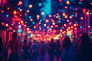 Bright lights hang above a bustling street filled with people enjoying an evening out in the city, creating a festive atmosphere
