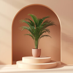 Obraz premium The text describes a potted palm plant on a peach-colored pedestal in a minimalist arch setting.