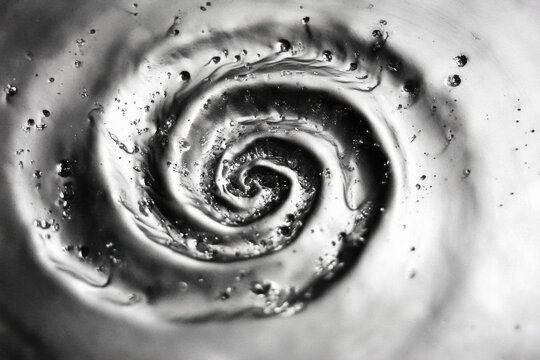 Swirling Black and White Textured Water Droplet Vortex in Abstract silver liquid background, paint splash