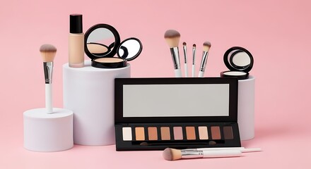 Still life of makeup brushes foundation powder and eyeshadow on pink background