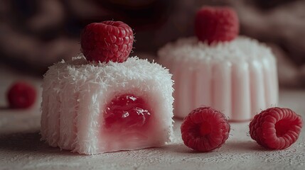 Raspberry coconut dessert with pink jelly filling, gourmet food photography