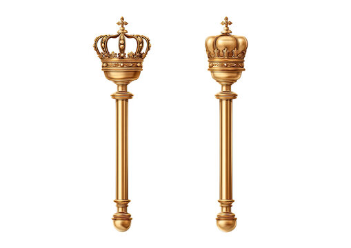 Two golden scepters, each topped with a detailed crown.  Vertical, symmetrical, and elegant