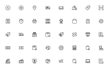 ECommerce icon set. Minimal vector icons pack. Includes discount, shopping bag, credit card, delivery truck, online store, Black Friday, coupon, QR code and more. Editable stroke.