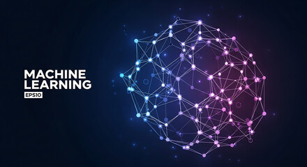 Futuristic machine learning and artificial intelligence concept. Abstract background with glowing digital plexus network and data visualization.