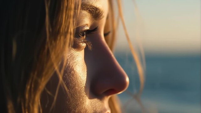 Close up of a woman's face with ocean view for beauty and skincare product advertising use case image