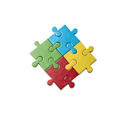 Obraz premium Close-Up High-Angle 3D Render of Four Interlocking Puzzle Pieces in Bright Green, Sky Blue, Cherry Red, and Sunny Yellow
