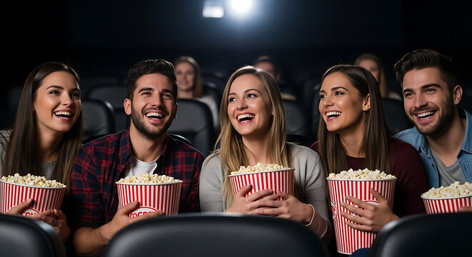 Cheerful group of friends laughing while watching a comedy movie at the cinema, sharing popcorn and enjoying the show.