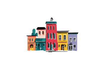 Colorful, stylized illustration of Mediterranean-style buildings