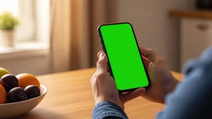 Person holding a smartphone with a green screen in a cozy indoor setting - Powered by Adobe