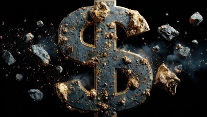 Exploding Gold Dollar Symbol On Black Background