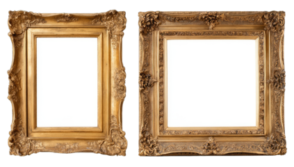 Two ornate gold picture frames, side-by-side, empty, classic style