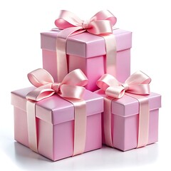 Fototapeta premium Three pink gift boxes with satin ribbon and bows, isolated on white background