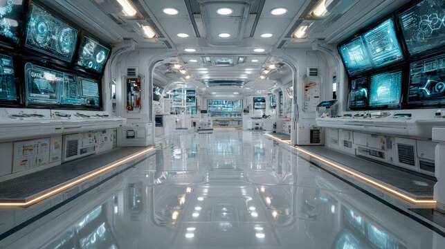 A futuristic spacecraft control room with multiple screens and panels, illuminated by bright, reflective white surfaces and subdued lighting.