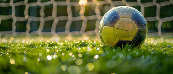 Official Match Ball on Pristine Grass Near Goal Net