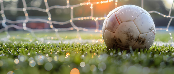 Official match soccer ball on pristine grass by goal net