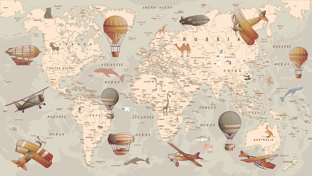Fototapeta Retro style world map with airships, airplanes and balloons for children's wallpapers and backgrounds and illustrations