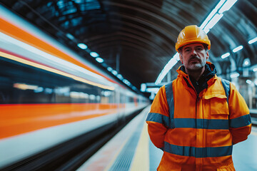 Caucasian male railway worker in safety gear at high-speed train station