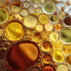 Spherified olive oil orbs in liquid tessellation pattern