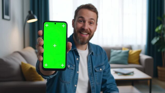 Man smiling showing phone with chroma key for app promotion or advertisement presentation concept