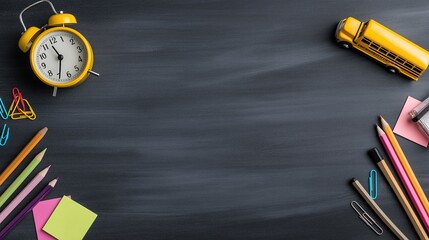 Back to School Chalkboard Template with Supplies, Yellow Bus & Clock - Minimal Design with Copy Space for Text