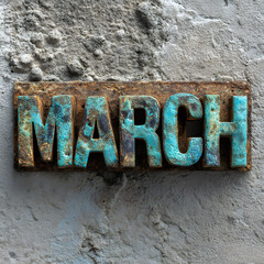 March in oxidized copper 3D text with turquoise patina