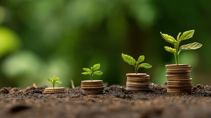 Sustainable Finance Growth Concept: Stacked Coins with Growing Plants on Green Background for ESG Investment, Corporate Development & Economy