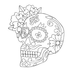 Linear sketch, coloring antistress painted skull for Mexican holiday Cinco de Mayo. Vector graphics.