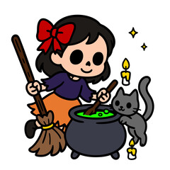 Adorable cartoon of a little witch holding a broom, stirring a green magic potion in a cauldron with a black cat and candles around. Perfect for Halloween-themed designs and seasonal decorations.