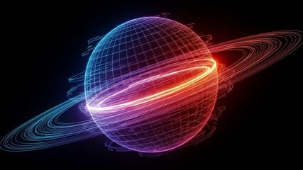 Futuristic Rotating Globe with Energy Rings - A digital video of a wireframe globe encircled by vibrant, swirling energy rings. - Powered by Adobe