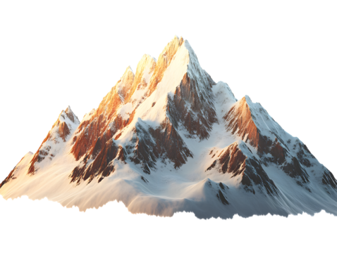 Majestic snow capped mountain peak illuminated by golden sunlight isolated on transparent background