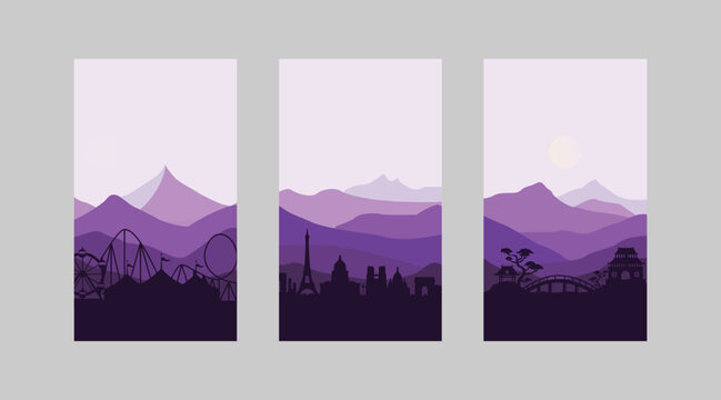 Set of three minimalist landscape illustrations featuring various landmark silhouettes in purple hues, including an amusement park