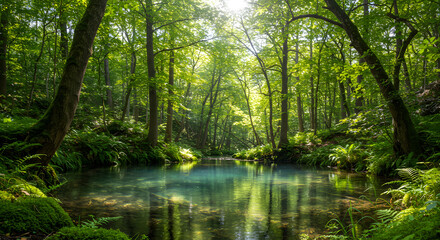 Obraz premium Serene emerald forest reflected in a tranquil stream, the canopy casting dappled sunlight, creating a vibrant tapestry of greens and blues with lush ferns and moss-covered banks enhancing its