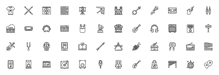Music store icon set. Vector illustration. Includes shirt, drumstick, CD, launchpad, sheet music, guitar, microphone, headphones, piano, trumpet and more. Editable thin line icons.