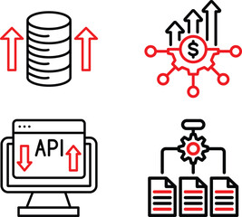 Four business and technology icons representing data finance api and workflow