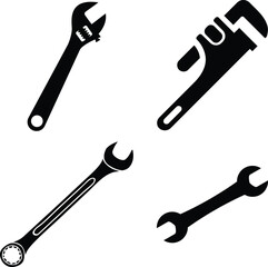 Four hand tools including pipe wrenches and open end wrenches on a white background