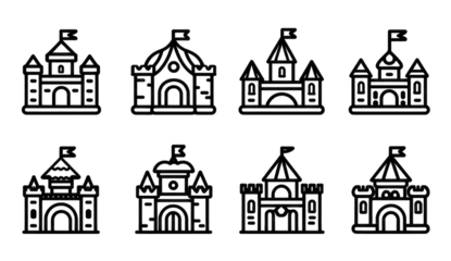 Simple, outlined building silhouettes. Dark background