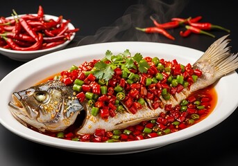 Whole Steamed Fish Topped with Chopped Red and Green Chilies and Cilantro whole fish red chili