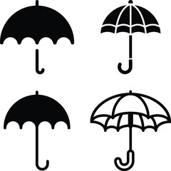 Collection of four black silhouette umbrella icons on a white background