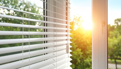 Obraz premium Serene Morning Light Through White Window Blinds – Minimalist Interior with Soft Sun Rays Streaming In, Creating Warm Shadows and a Peaceful, Cozy Ambiance in a Bright, Airy, and Inviting Home Space