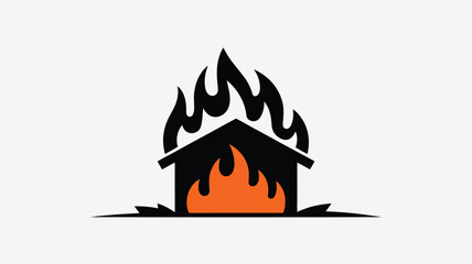 A stylized black silhouette of a house engulfed in orange and black flames on a white background