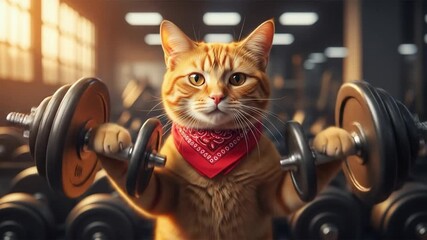 An orange tabby cat wearing a red bandana lifts dumbbells in a gym, showcasing its strength and fitness.