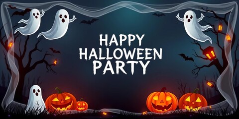 Spooky Halloween party invitation with a ghostly vector frame design,  ghost,  bats