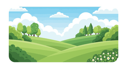 Obraz premium Cartoon landscape illustration of green hills and blue sky
