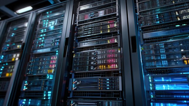 Rows of Glowing Servers in a Darkened Data Center Provide Computing Power