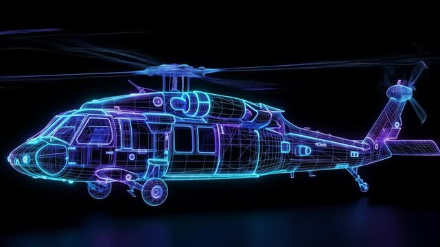 Futuristic Wireframe Helicopter - A digital video of a Black Hawk helicopter depicted as a glowing wireframe model against a black background.