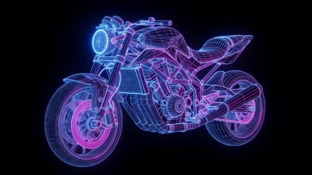 Futuristic Wireframe Motorcycle - A 3D video of a modern motorcycle depicted as a glowing wireframe model against a black background.
