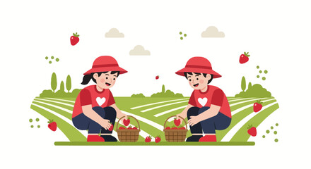 Delightful Illustration of Children Enjoying a Strawberry Picking Adventure